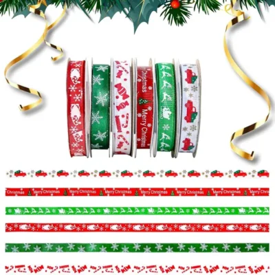 60 Yards 3/8" Christmas Ribbon For Crafts, White Red And Green Holiday Grosgrain Ribbon Christmas Ribbon For Gift Wrapping Festival Holiday Party Hair Bow Clips DIY Crafts Decoration (6 Rolls)