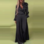 Women's Luxury Elegant V-neck Satin Long Sleeve Top Wide Leg Pants Suit