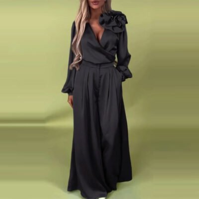 Women's Luxury Elegant V-neck Satin Long Sleeve Top Wide Leg Pants Suit