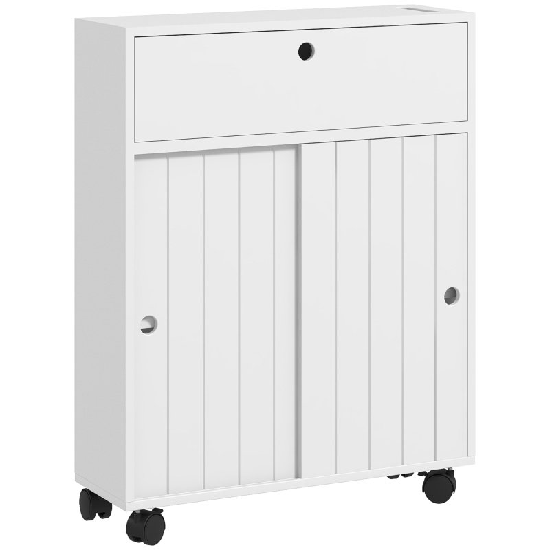 Kleankin Toilet Paper Cabinet, Slim Bathroom Cabinet With 4 Rolling Wheels, Small Bathroom Storage Cabinet With Paper Holes, Sliding Doors And Adjustable Shelf For Small Space, White - Image 3