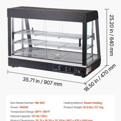 3-Tier Commercial Food Warmer Display, 1400W Food Display Warmer With LED Light, Top Storage And Adjustable Shelves, 86℉~185℉ Steam Heating, 137Qt/130L For Hamburger, Pizza, Bread, Fried Chicken