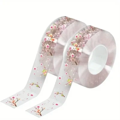 2 Rolls Waterproof Kitchen Seam Sealing Tape 118.11 Inch - Floral Design Clear Adhesive For Sink, Toilet, Stove Edges - Leak-Proof Gap Sealant With Decorative Pink Flowers On Black Background, Sealant