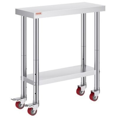 30x12x34 Inch Stainless Steel Work Table 3-Stage Adjustable Shelf With 4 Wheels Heavy Duty Commercial Food Prep Worktable With Brake For Kitchen Prep Work