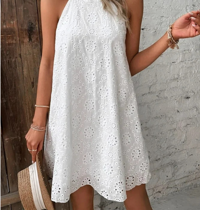 Summer New Women's Lace Solid Color Sleeveless Button Dress - Image 8