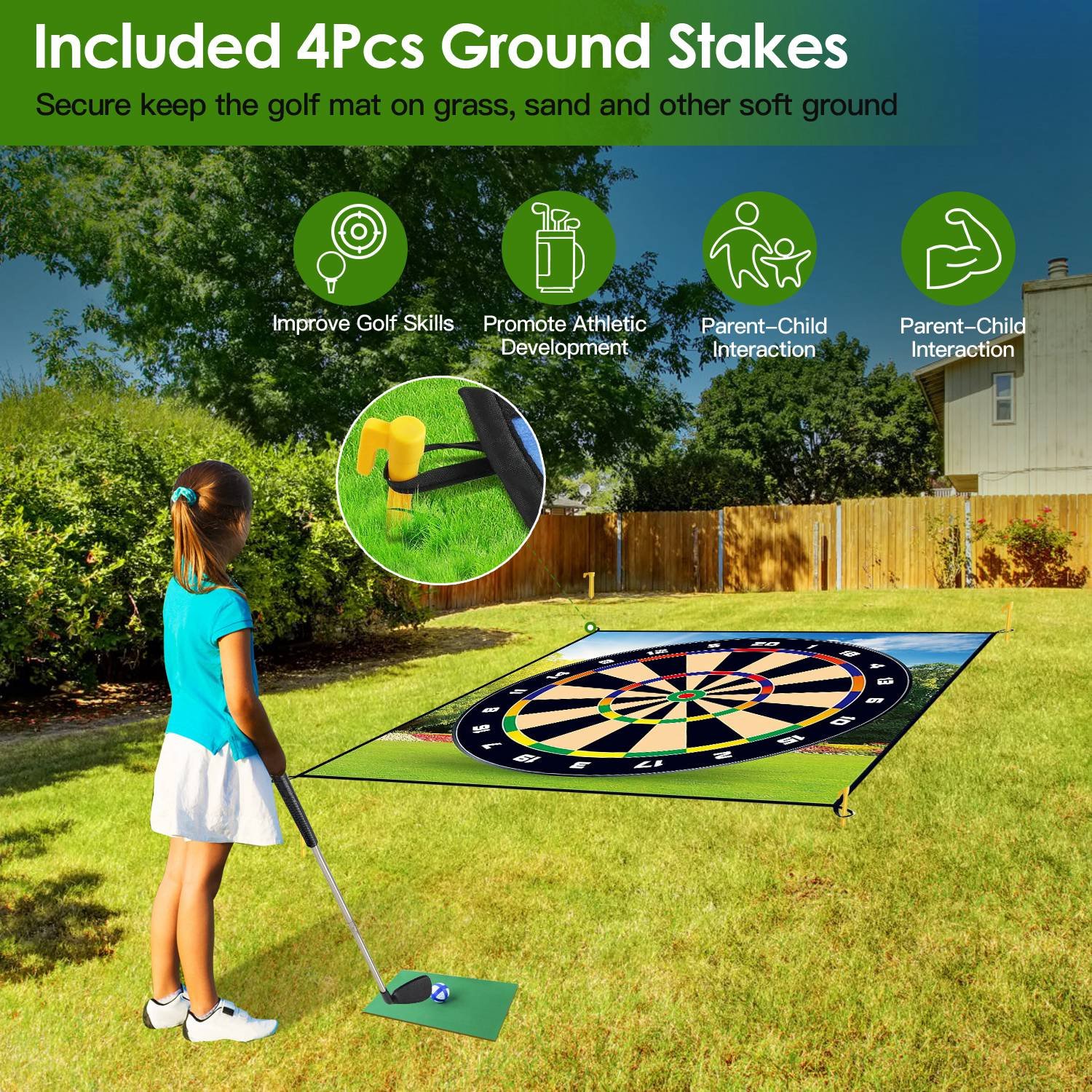 Golf Chipping Dart Game Mat Set With 20 Sticky Balls Ground Stakes Hanging Hooks Carrying Bag Indoor Outdoor Golf Hitting Training Game Mat For Kids Beginners - Image 4