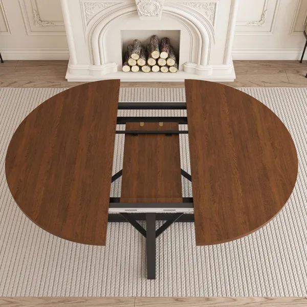 47 Inch Extendable Round Dining Table For 4-8 With Storage, Walnut Finish Circle Dining Table With Metal Frame & Thickened Top, Multi-Functional Kitchen & Living Room Table - Image 4