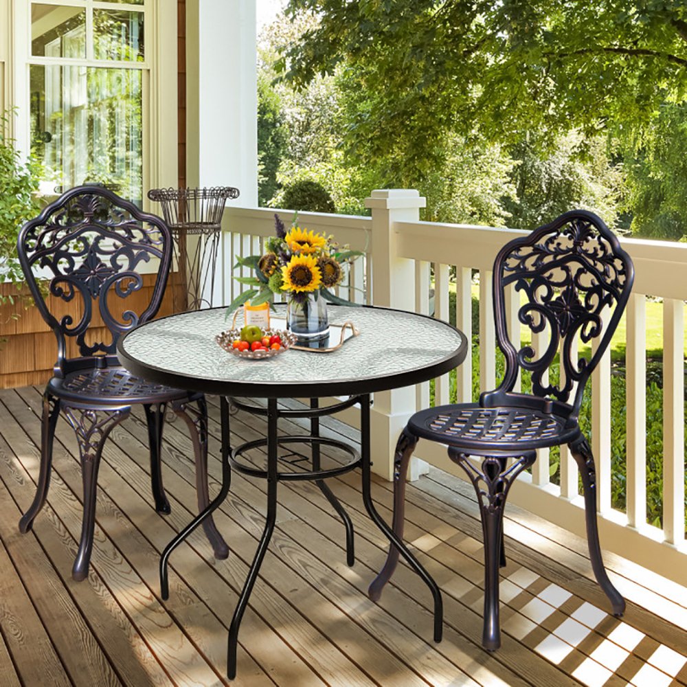 32 Inch Patio Tempered Glass Steel Frame Round Table With Convenient Umbrella Hole