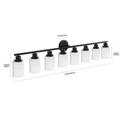 52  Modern 8-Light Vanity Bathroom Mirror Light, Frosted White Glass With Black Iron Frame, Contemporary Wall Sconce For Bedroom, Bathroom, And Dressing Room  Bulb Not Included