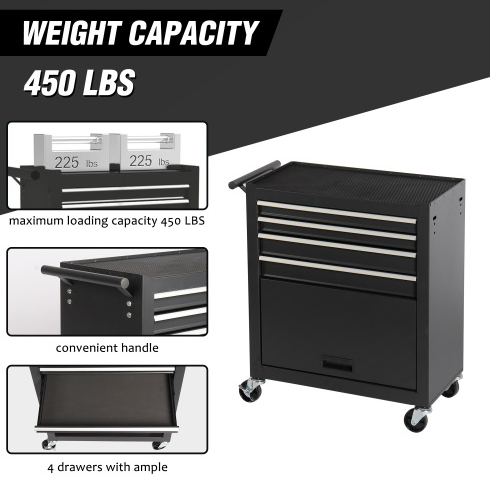 4-Drawer Rolling Tool Chest, Cabinet With 4 Wheels Tool Chest With Drawers, Suitable For Garages, Warehouses, Workshops, Repair Shops, Black - Image 4