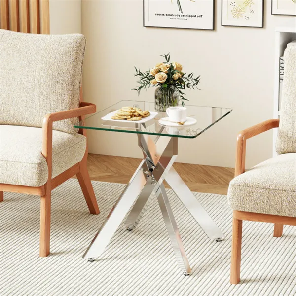 20" X 20" X 22.5" Glass Side Table, Silver Tempered Glass End Table With Intersecting Metal Base - Image 3
