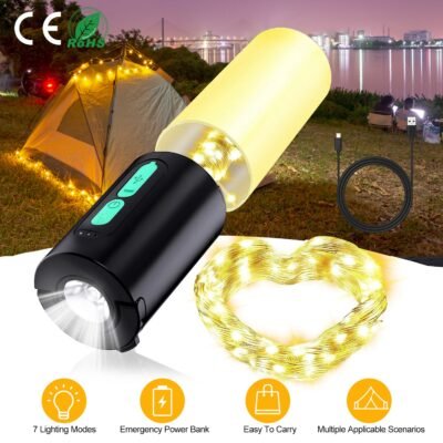 1Pc 4 In 1 Rechargeable Camping String Light IP44 Waterproof Camping Lantern With 33Ft String Light 7 Light Modes Emergency Power Bank Carry Bag For Indoor Outdoor Wedding Party