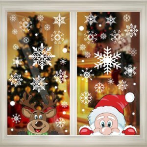 4Sheets Christmas Snowflake Window Clings Stickers For Glass Reusable Double Sided Self Adhesive Static Stickers Xmas Snowflake Reindeer Santa Window Decals Decorations Stickers For Christmas Window D