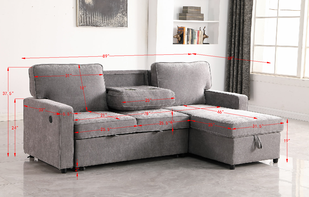 Upholstery Sleeper GREY Sectional Sofa With Storage Space, USB Port, 2 Cup Holders On Back Cushions - Image 13