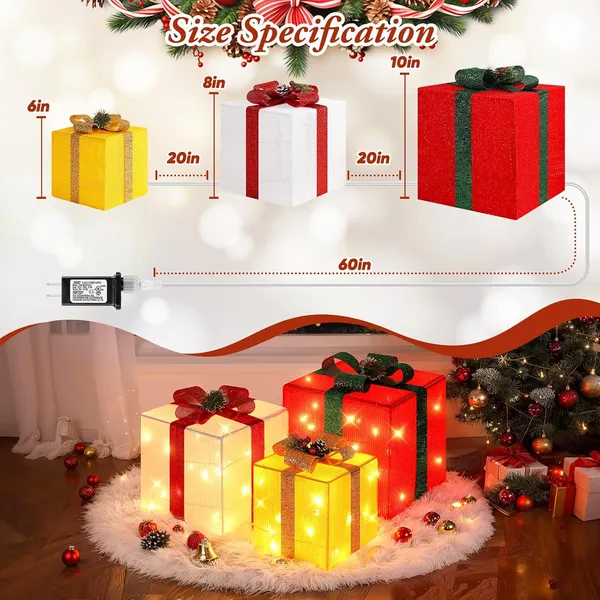 3 Pieces Large Gift Boxes For Christmas Decorations Outdoor, 10" 8" 6" With Pre-lit 70 LED Mini String Lights, Plug-in Warm White Present Boxes With Glitter For Christmas Wedding Party - Image 2