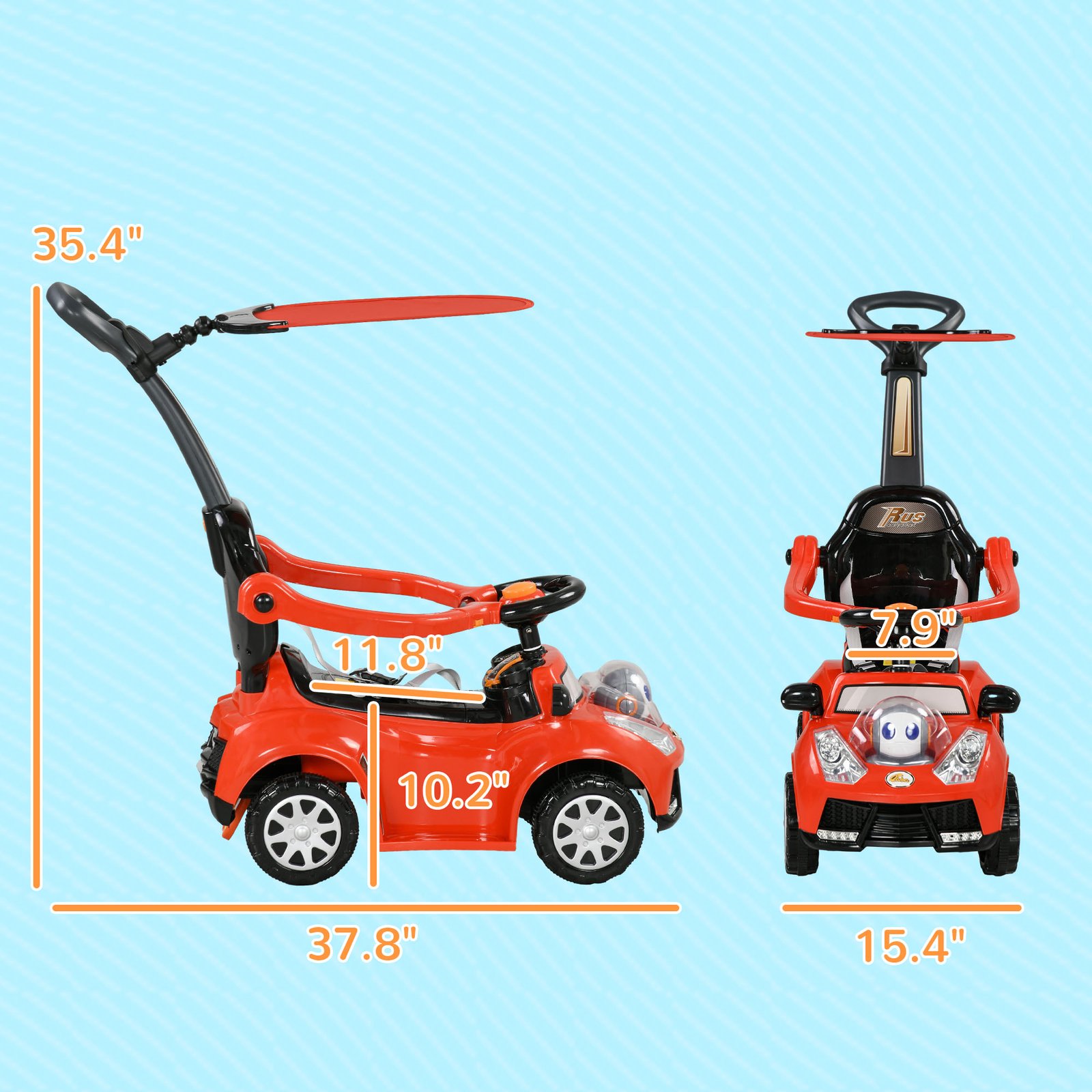 3 In 1 Push Car Sliding Car With Removable Handle, Music, Horn, Canopy, Safety Guardrail, Red - Image 2