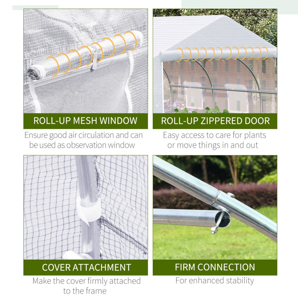 11.5' X 10' X 6.5' Outdoor Walk-in Greenhouse, Tunnel Green House With Roll-up Windows, Zippered Door, PE Cover, Heavy Duty Steel Frame, White —