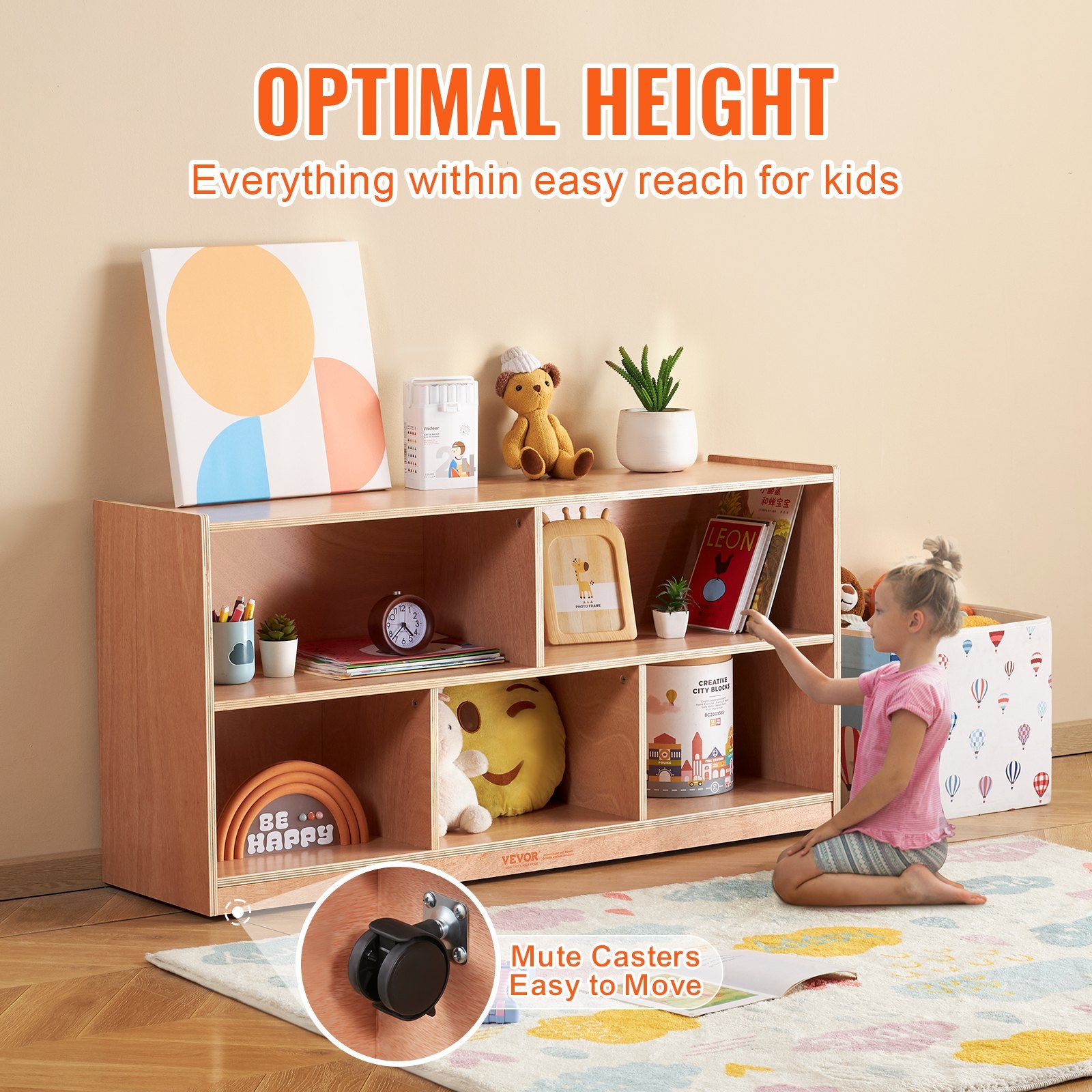 Cubby Mobile Tray Storage Cabinet, 5-Compartment Cubby Storage Shelf, Cubby Storage Cabinet 2-shelf, Classroom Cubbies, Classroom Furniture For Home, Daycare And Preschool, Natural - Image 3