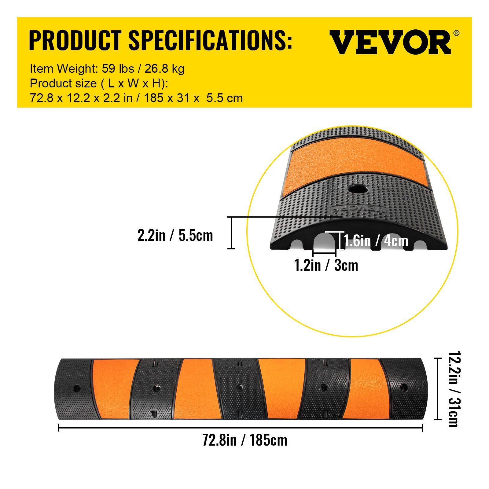 Rubber Speed Bump, 1 Pack 2 Channel Speed Bump Hump, 72 Long Modular Speed Bump Rated 22000 LBS Loading, 72.8 X 12.2 X 2.2 Garage Speed Bump For Asphalt Concrete Gravel Driveway With 2 End Cap - Image 5
