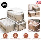 3 Pack Foldable Storage Bin With Lid Stackable Plastic Closet Organizer With Handle Divider Collapsible Drawer Organizer For Toys Clothes