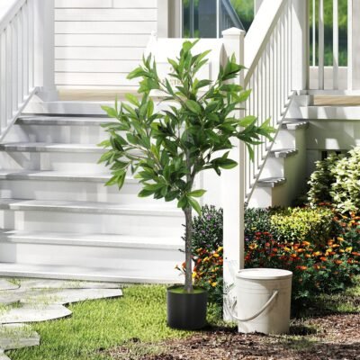 Potted Fake Plant, Lifelike Laurel Artificial Tree With 345 PEVA Leaves For Home Decor, Green