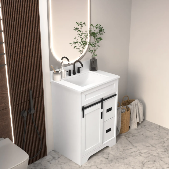 24 Bathroom Vanity With Single Sink Combo, Farmhouse Undermount Bathroom Sink Cabinet With Sliding Barn Doors And 2 Drawers, Freestanding Bathroom Vanities,White - Image 16