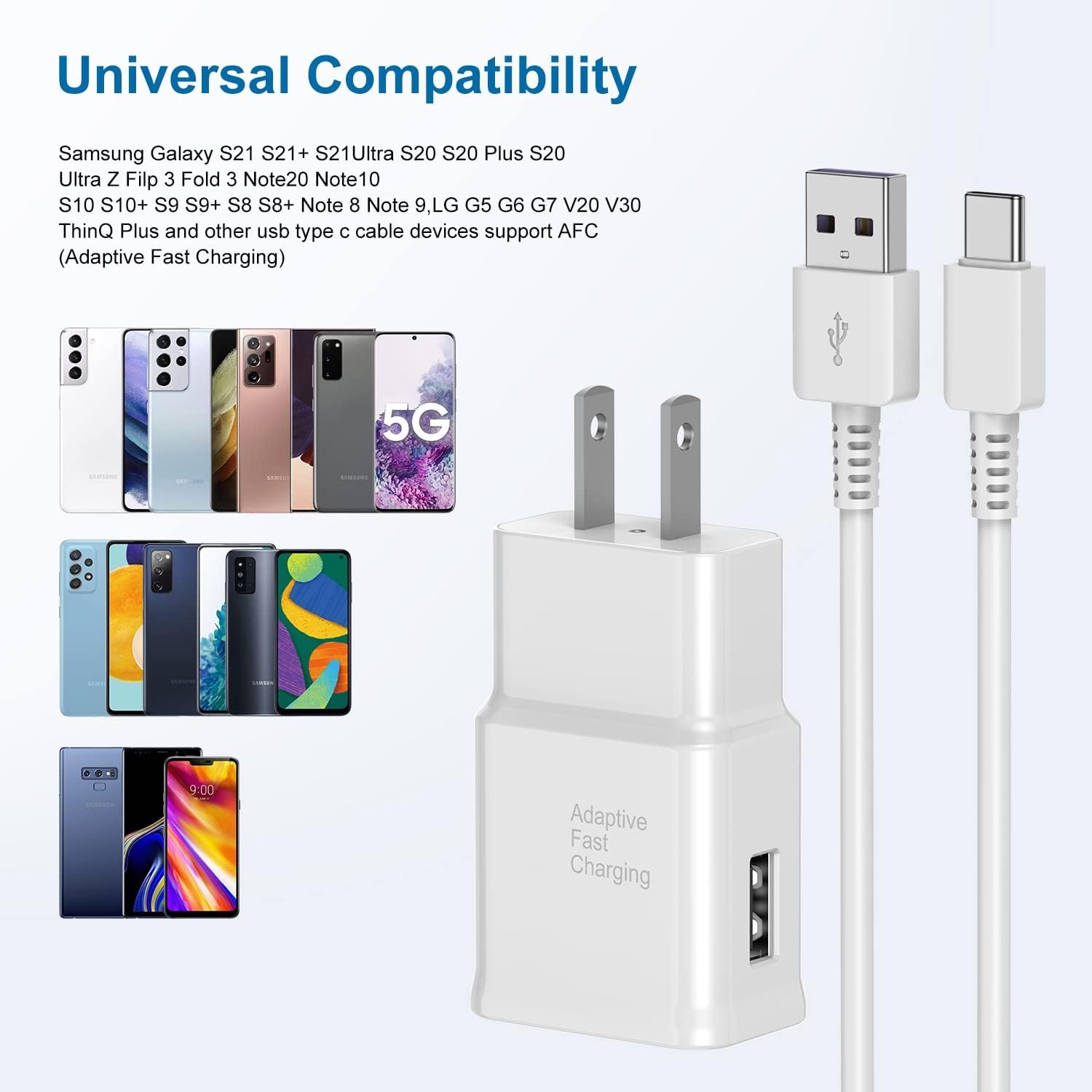 Type C Charger Fast Charging, 2 Pack USB C Android Phone Wall Charger Block And 6ft Charge Cable Cord, For Androids Galaxy S8, S9, S10 Plus Active S10e, S20,S21 Ultra Plus, Note 8 9 10 - Image 7