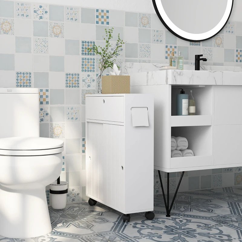 Kleankin Toilet Paper Cabinet, Slim Bathroom Cabinet With 4 Rolling Wheels, Small Bathroom Storage Cabinet With Paper Holes, Sliding Doors And Adjustable Shelf For Small Space, White - Image 9