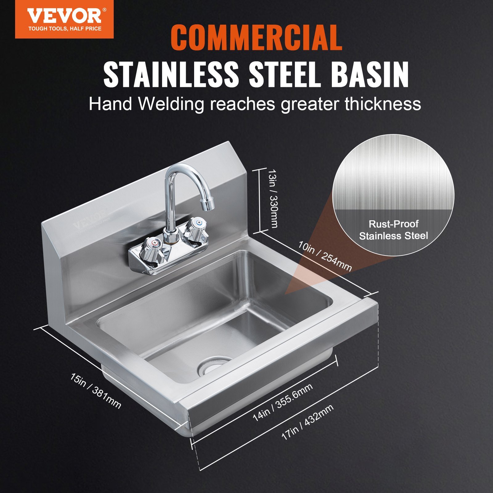 Commercial Hand Sink With Faucet, Stainless Steel Sink For Washing, Small Hand Washing Sink, Wall Mount Hand Basin, Utility Sink For Restaurant, Kitchen, Bar, Garage And Home, 17 X 12.8 Inch - Image 2