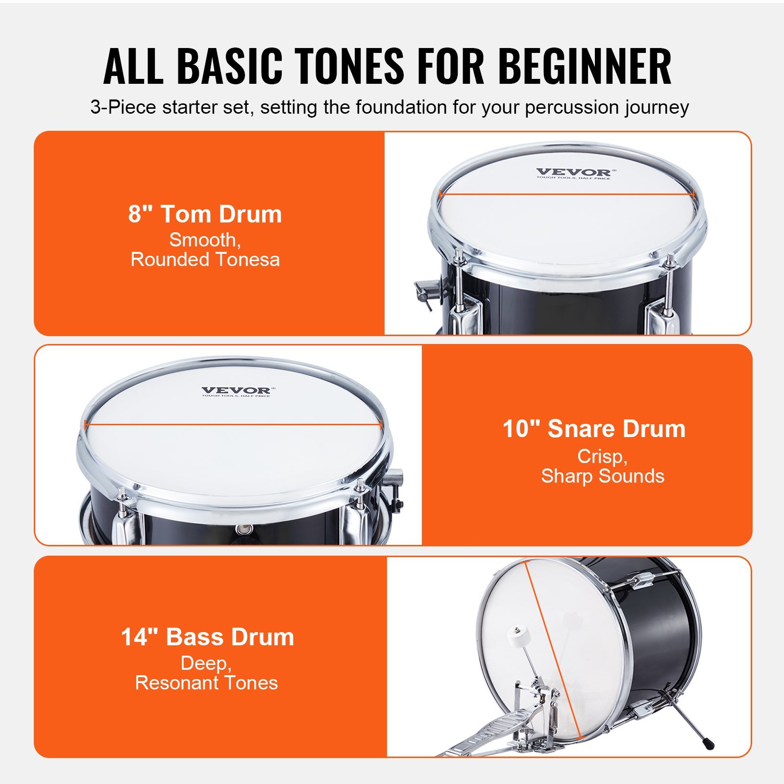 Kids Drum Set, 3-Piece, 14 In Beginner Drum Set With Adjustable Throne Cymbal Pedal Two Pairs Of Drumsticks, 8'' Tom Drum 10'' Snare Drum 14'' Bass Drum, Starter Drum Kit For Child Kids, Black - Image 3