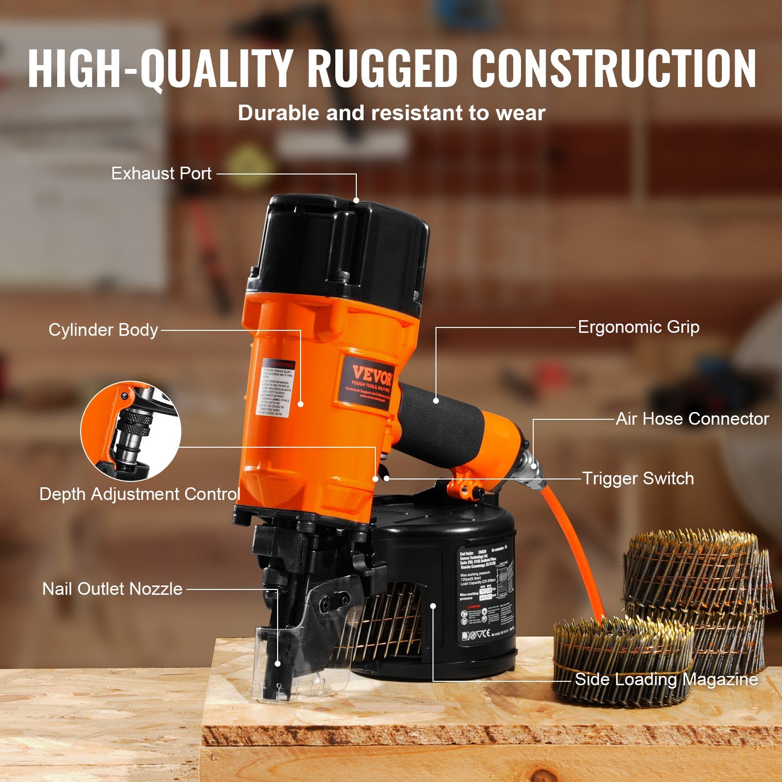 Coil Siding/Framing Nailer CN83N, 2" To 3-1/4" 15 Degree Pneumatic Siding Nail Gun With Tool-Less Depth Adjustment, 70-120PSI Air Coil Nailer For Siding Sheathing Wooding Fencing Decking - Image 5