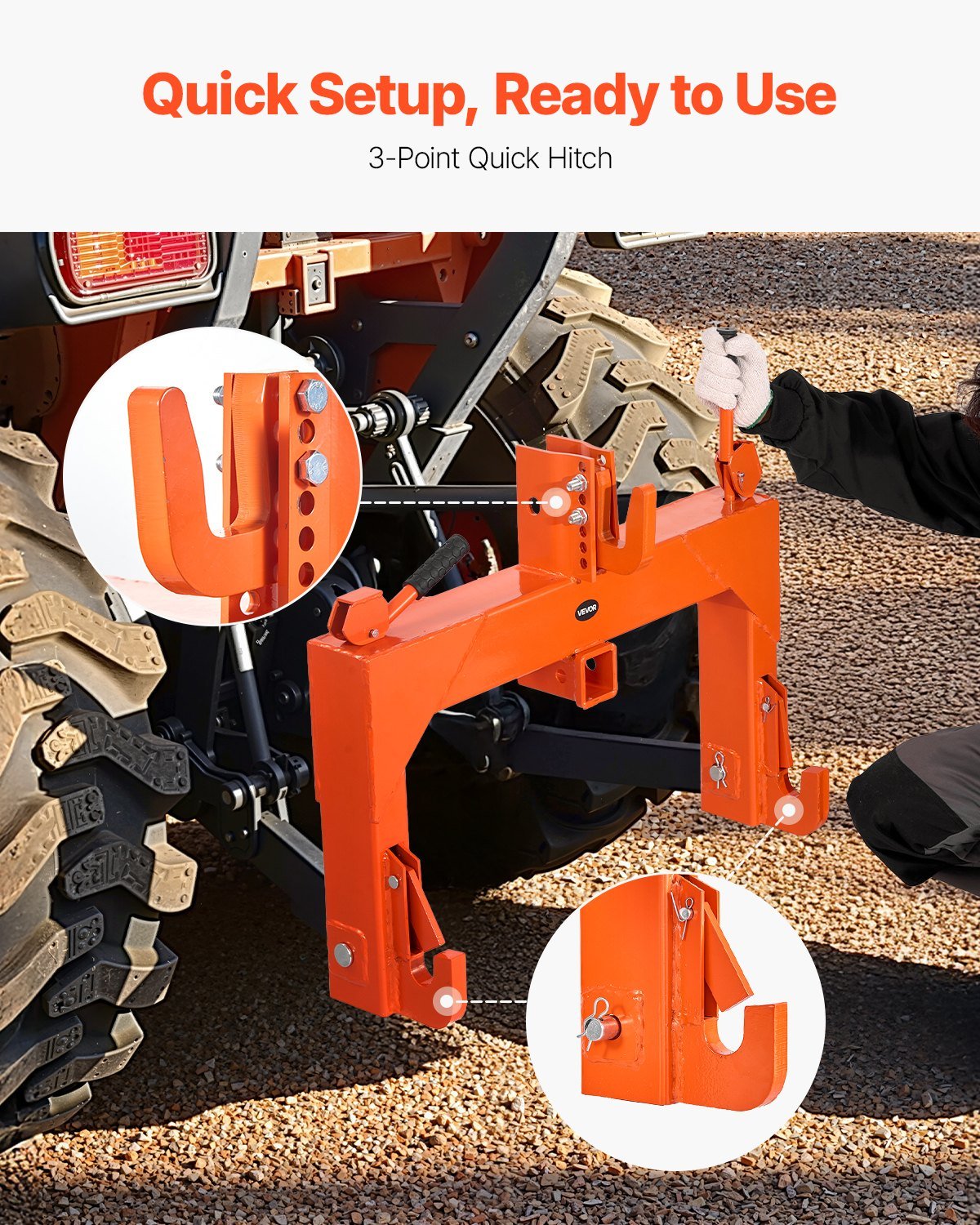 3-Point Quick Hitch With 2 In Receiver, 3000 Lbs Lift Capacity, 3-Pt Hitch With 5 Level Adjustable Bolt, Adaptation To Category 1 & 2 Tractor, Heavy Duty 3 Point Attachments, Orange - Image 2