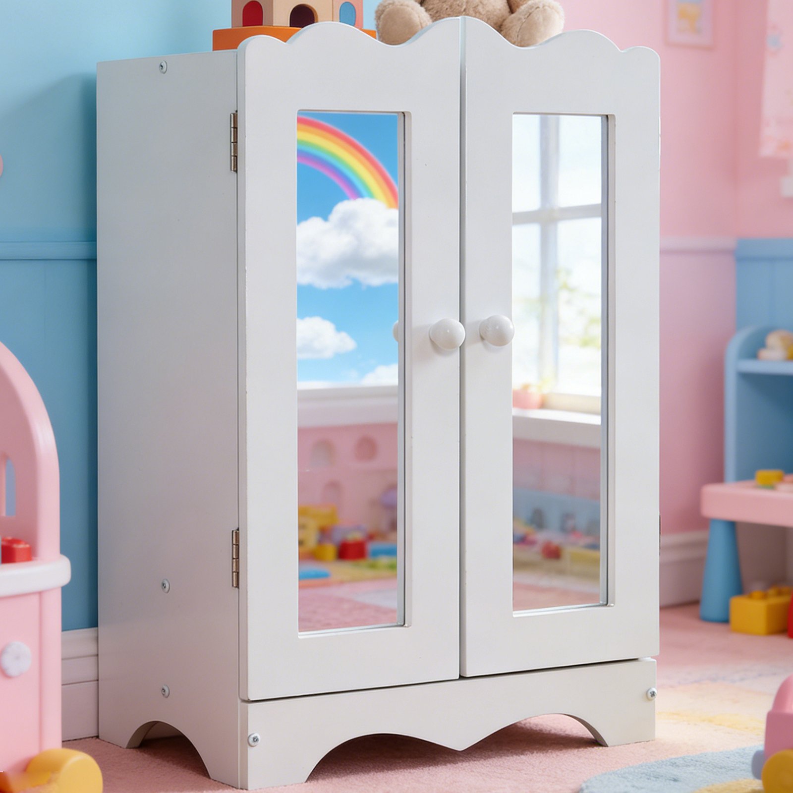 Wooden Baby Doll Closet With Mirror 6 Hangers 18 Inch Doll Clothes Storage Furniture Wardrobe For Over 3 Years Kids White - Image 5