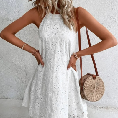 Summer New Women's Lace Solid Color Sleeveless Button Dress