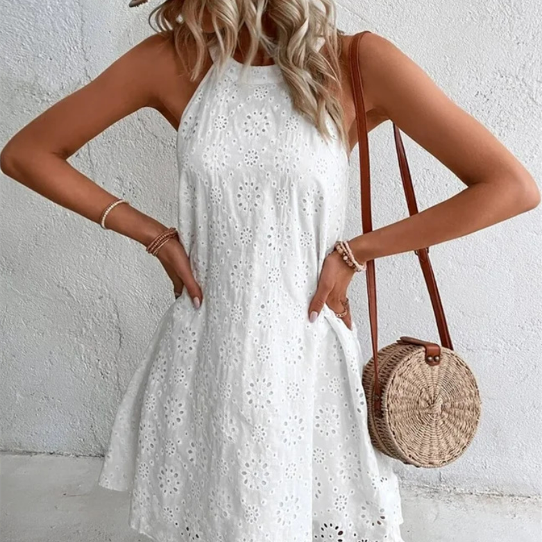 Summer New Women's Lace Solid Color Sleeveless Button Dress