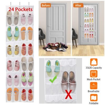 Over The Door Shoes Bag For Behind The Door 24-Pocket Crystal Clear Organizer 6-Layer Hanging Storage Shelf For Shoes Slippers Small Toys Closet Cabinet
