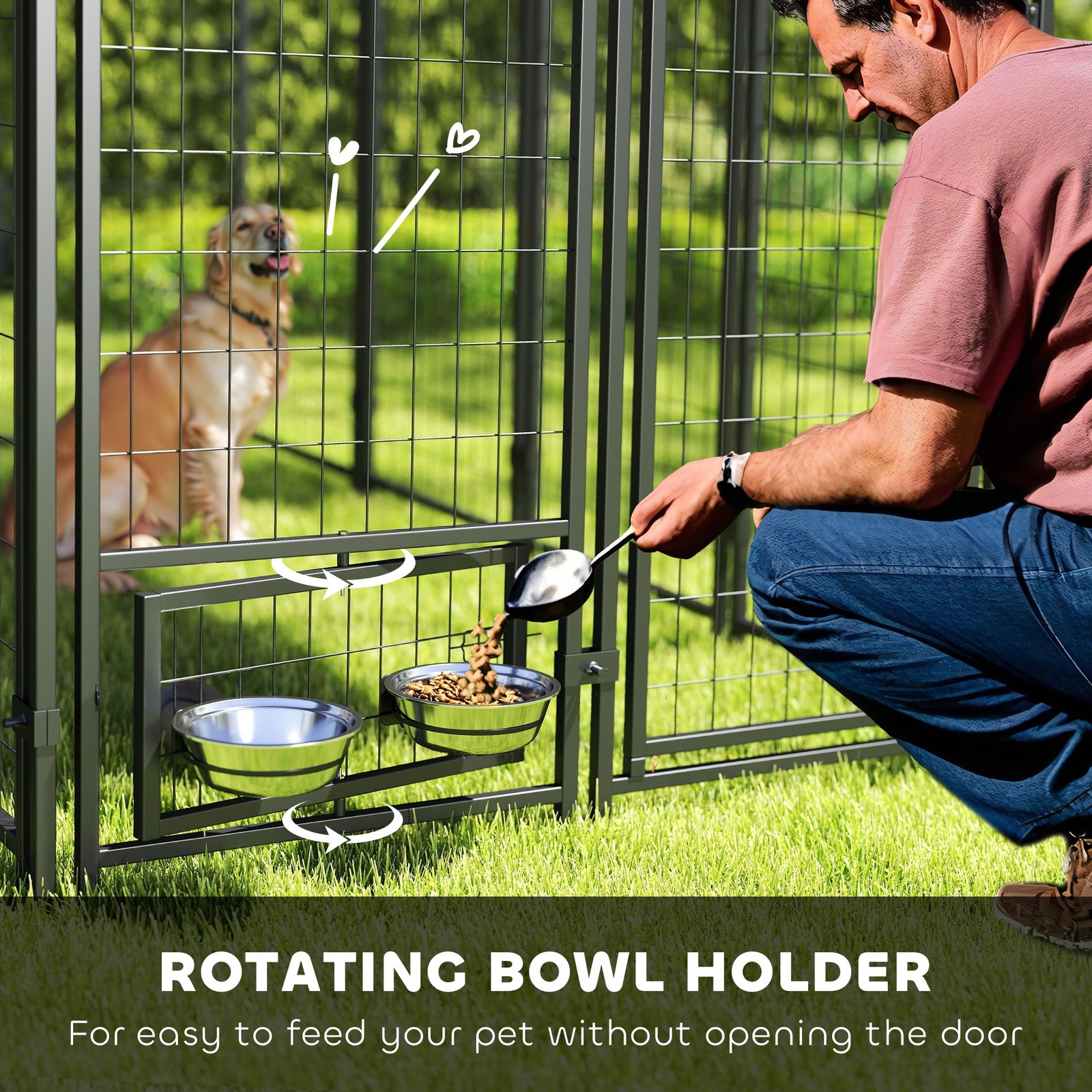 Outdoor Dog Kennel With Rotating Bowl Holders, Walk-in Pet Playpen With Waterproof Cover, 8' X 4' X 6', Red - Image 4