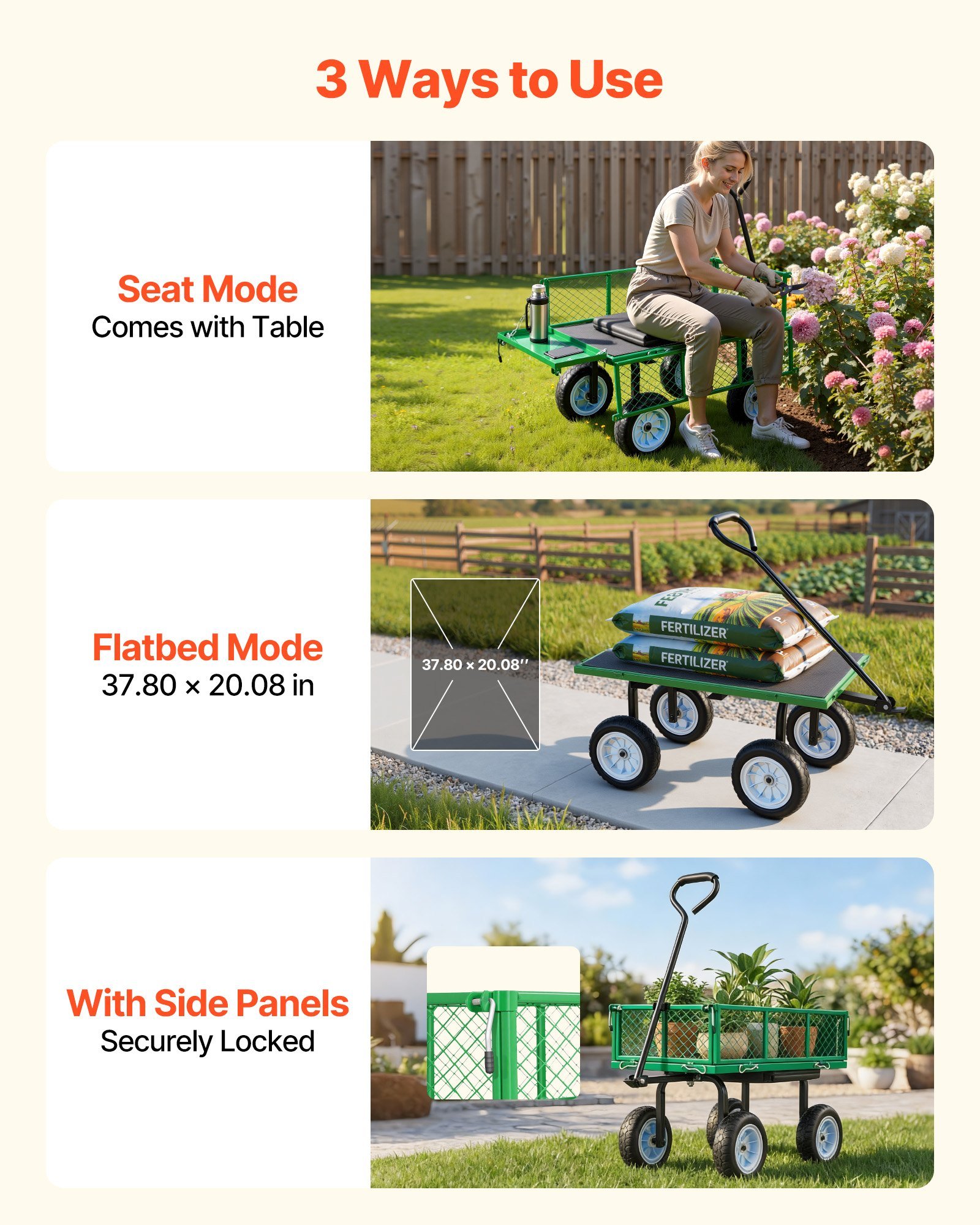 Garden Cart With Seat, 500 LBS, Rolling Steel Garden Work Seat With Wheels, Heavy Duty Gardening Stool, With Tool Tray & Adjustable Handle, Outdoor Yard Wagon, For Lawn, Patio, Backyard, Green - Image 5