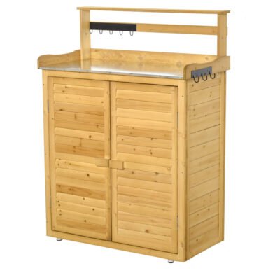 Wooden Potting Bench 3-Tier Storage Cabinet Work Station Table Lockable Organizer With Magnetic Latch Hooks Foot Pads 34.25L Yellow