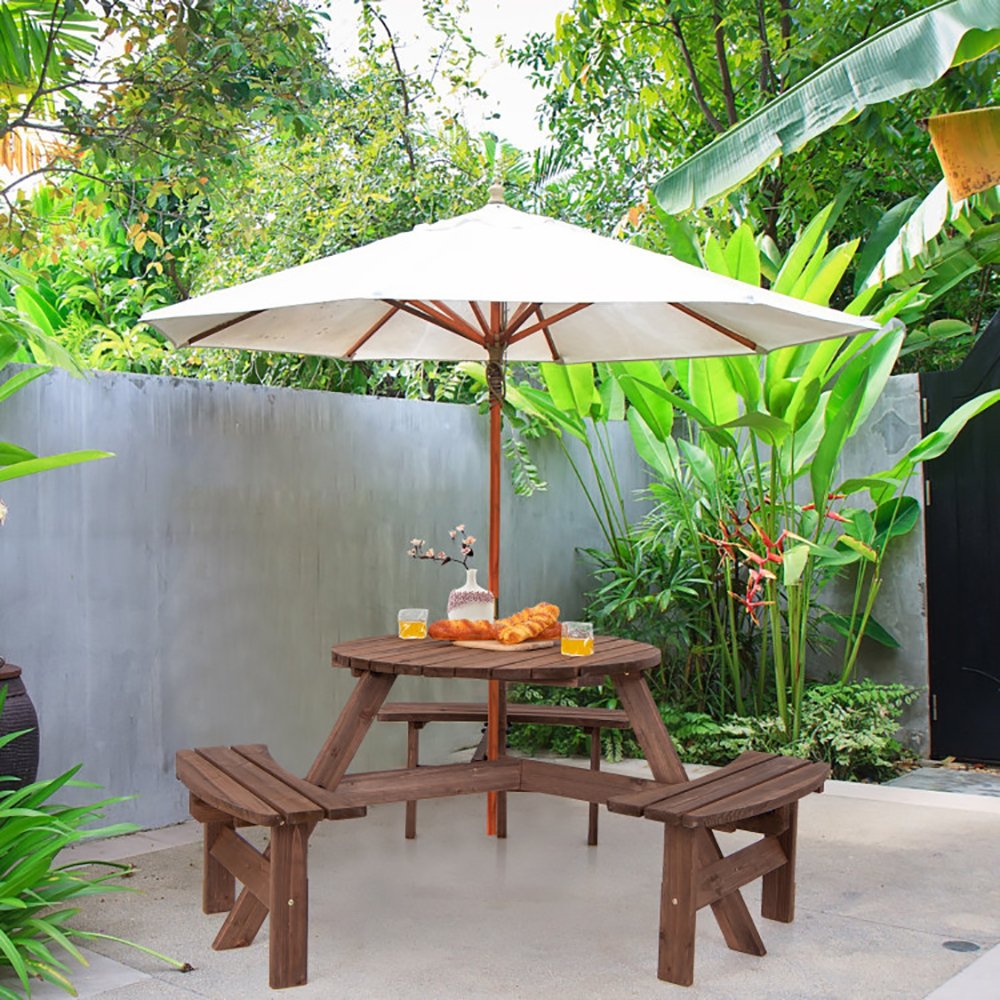 6 Person Wooden Picnic Table Set With Bench And Umbrella Hold