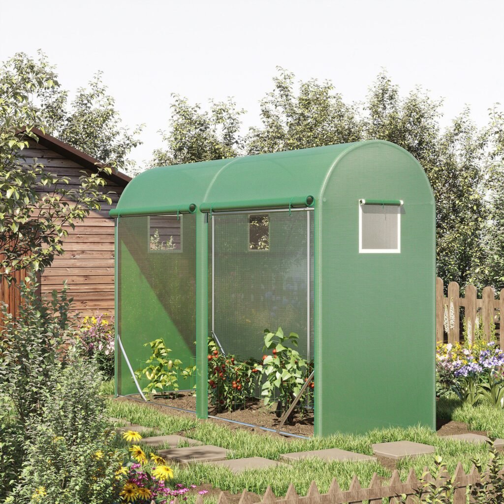 10' x 3' x 7' Walk-in Lean-to Greenhouse, Steel, 4 Zipper Roll-up Windows & 2 Doors, UV Protecting PE Cover for Growing Flowers, Vegetables, Tropical Plants, Saplings, Succulents, Green —