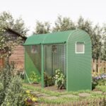 10' x 3' x 7' Walk-in Lean-to Greenhouse, Steel, 4 Zipper Roll-up Windows & 2 Doors, UV Protecting PE Cover for Growing Flowers, Vegetables, Tropical Plants, Saplings, Succulents, Green