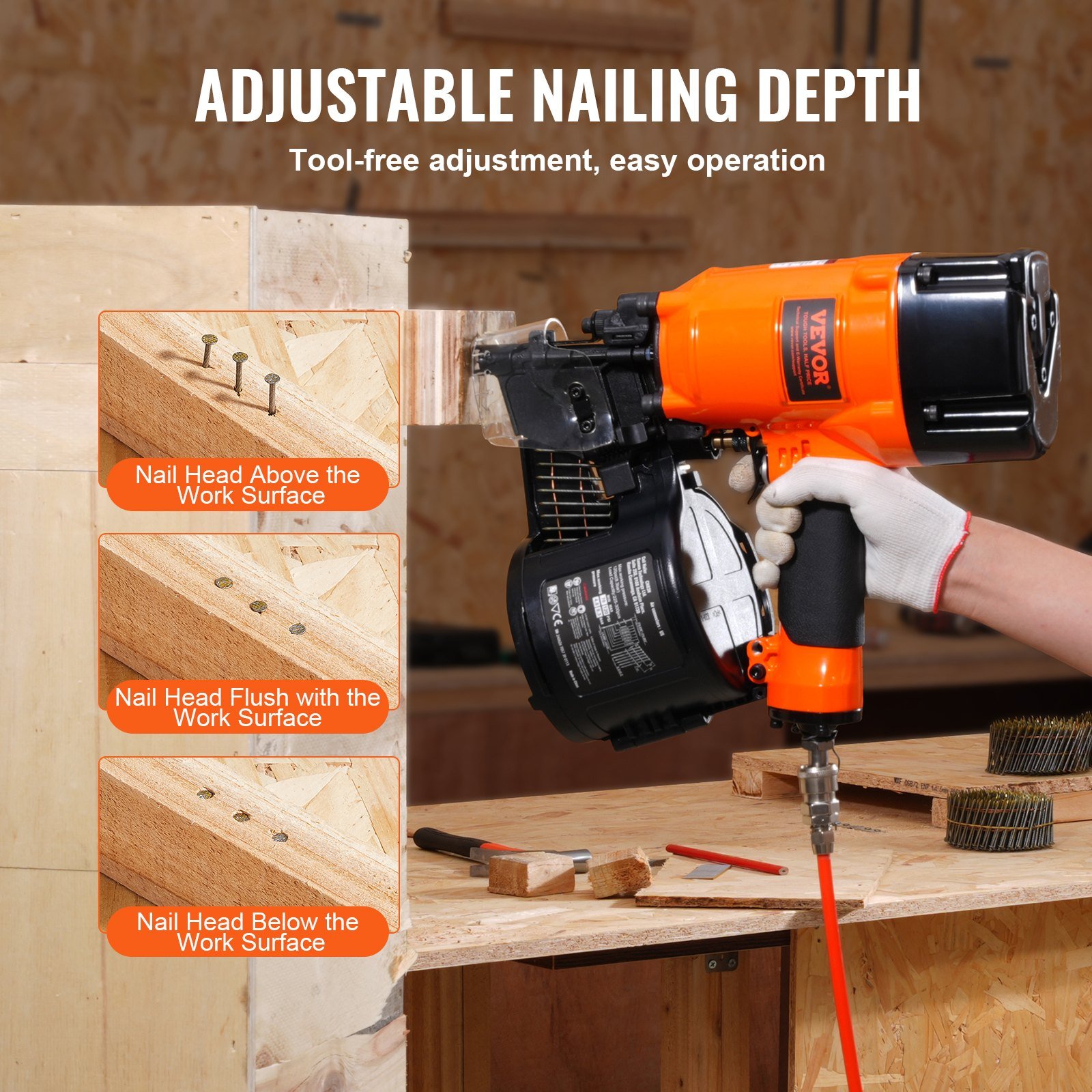 Coil Siding/Framing Nailer CN83N, 2" To 3-1/4" 15 Degree Pneumatic Siding Nail Gun With Tool-Less Depth Adjustment, 70-120PSI Air Coil Nailer For Siding Sheathing Wooding Fencing Decking - Image 3