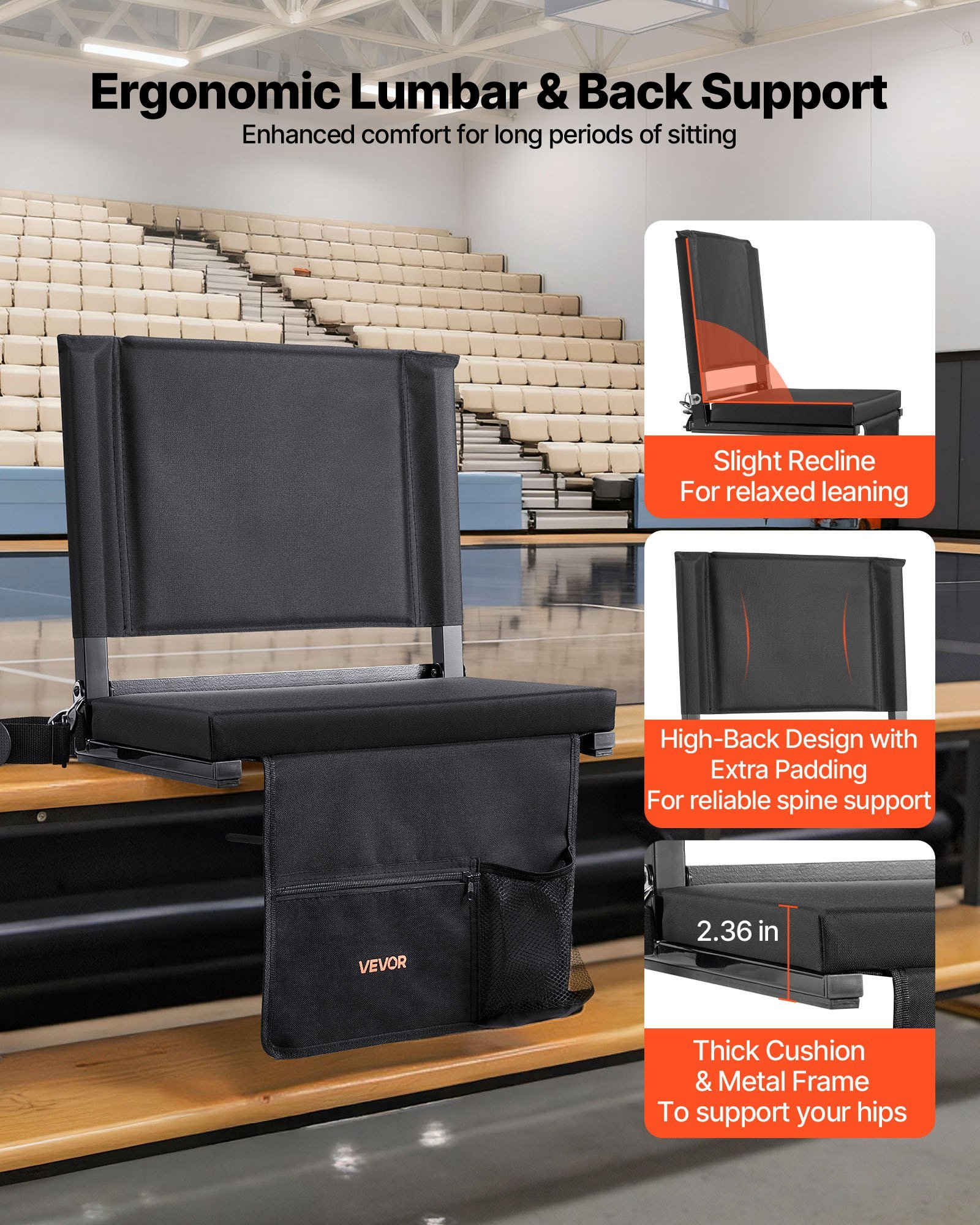 Stadium Seat, Folding Bleacher Chair With Back Support And Thick Cushion, Padded Stadium Seat For Bleacher Includes Shoulder Strap, Hooks, Cup Holder, And Side Pocket, Black Bleachers Chair - Image 2