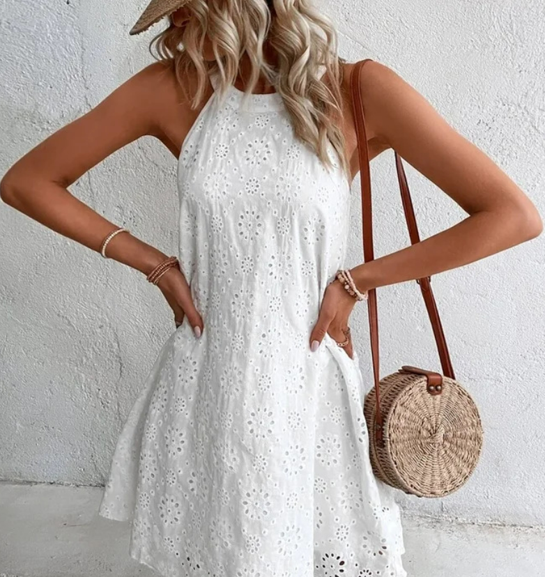 Summer New Women's Lace Solid Color Sleeveless Button Dress - Image 10