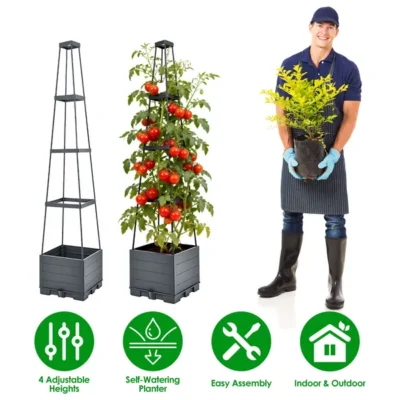 2Pack Raised Garden Bed Boxes With Trellis 56" Tomato Self-Watering Planter Box Indoor Outdoor With 4 Adjustable Heights 10 Clips 65FT Ties For Climbing Vegetables Flowers Vines