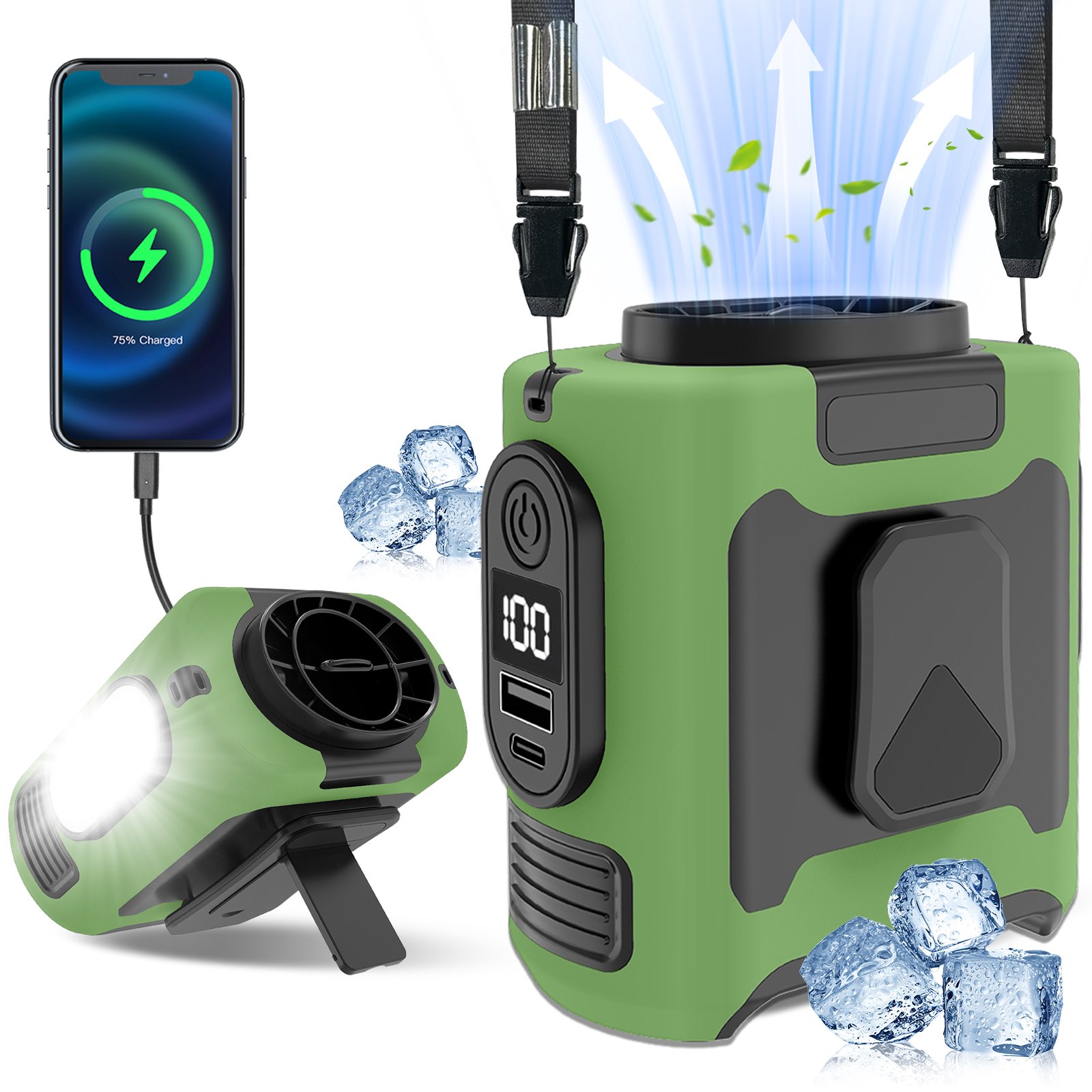 16, 000 Rpm 10000mAh Portable Waist Fan, Clamp On Wearable Belt Personal Fan, Rechargeable Battery Powered, With 5 Speed Levels And Flashlight, Suitable For Outdoor Camping And Travel Army Green - Image 7