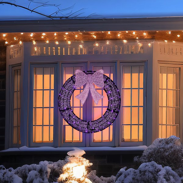 36in Pre-lit Outdoor Christmas Wreath Decoration, Lighted Metal Wreath With Purple Bow, Remote Control LED Lights With Timer, For Front Door Gate Wall Indoor Outdoor Holiday Party - Image 5