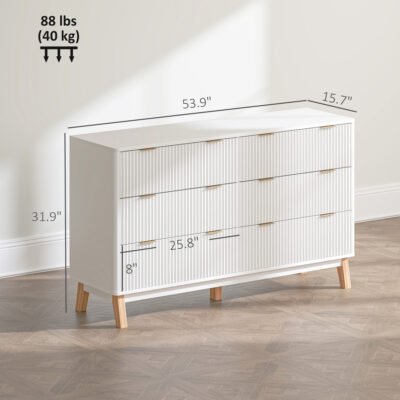 6 Drawer Double Dresser For Bedroom, Fluted Chest Of Drawers With Gold Finger Pulls And 5 Wood Legs, White