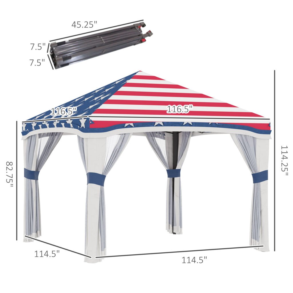10' X 10' Pop Up Canopy Tent With Netting, Instant Tents For Parties, Height Adjustable, With Wheeled Carry Bag And 4 Sand Bags For Outdoor, Garden, Patio, American Flag —