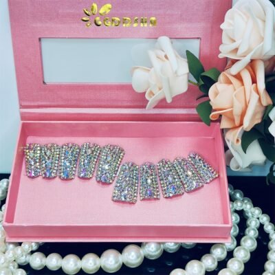 GGddsha Full Diamond Duck Nails Medium Square ReusablePMMA Acrylic Nails Handmade Full Coverage Deluxe 3DCrystal Fake Nail With Box Gift For Women,Aurora Edge